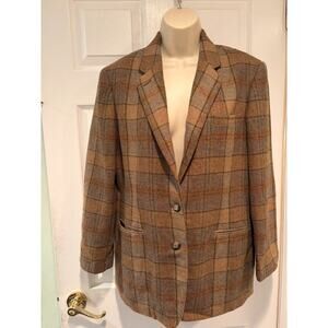 Lauren Ralph Lauren Wool Plaid Blazer Leather Elbow Patch Equestrian 14P Vintage